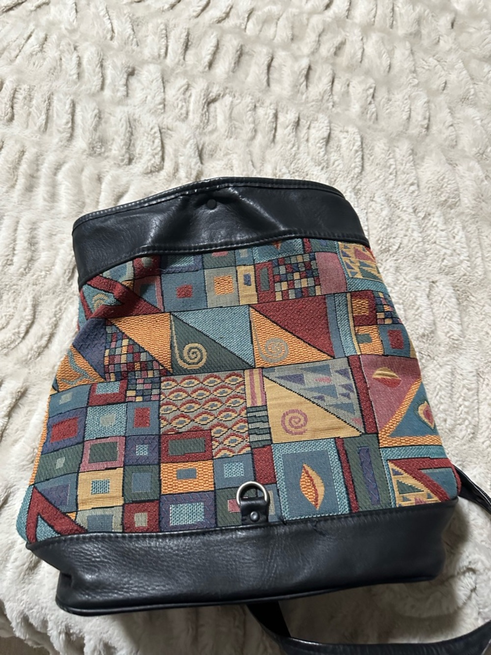 Geometric Tapestry Shoulder Bag with Black Leather Trim